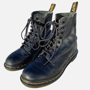 Dr Martens Pascal 8 Eye Boots Soft Black Leather Women's 7 Lace-Up Yellow Stitch